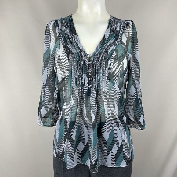 Banana Republic Semi Sheer Top Womens XS Grey Green Chevron Print Classic Office - Picture 1 of 12